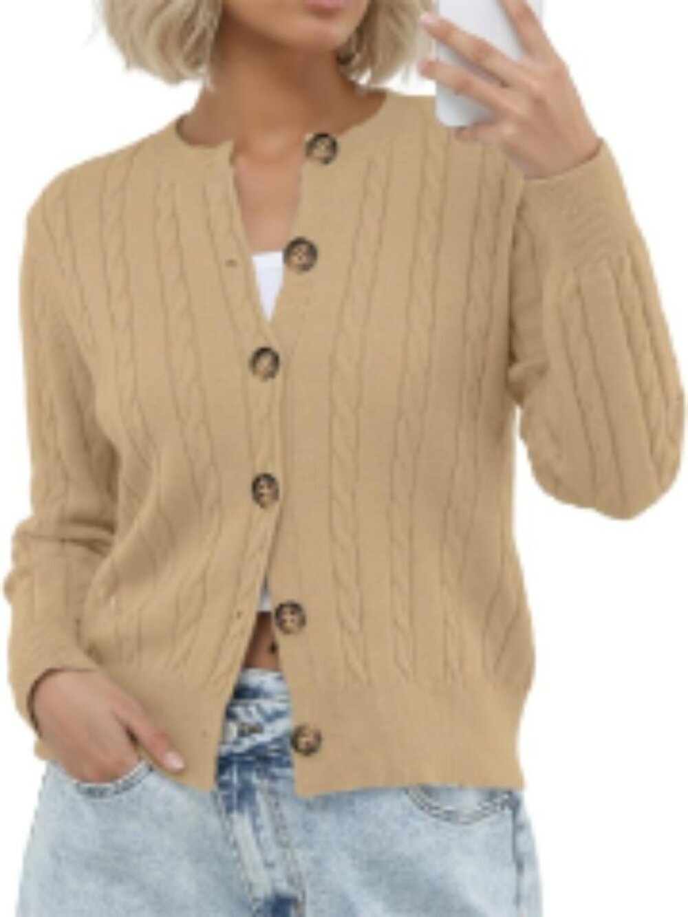 Long Sleeve Cable Knit Button Down Crew Neck Cardigan Sweater S-2XL